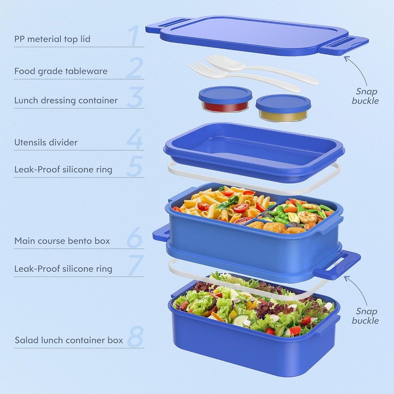 Jelife Adult Bento Lunch Box - 3 Layers Stackable Bento Lunch Box for Adults, 72oz Large All-in-One Bento Box Leak-Proof Lunch boxes with Utensil Sauce Containers, Ideal for Dining Out,Work, Blue - Image 4